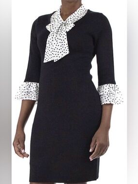 Nina Leonard Black Dress Polka Dot Bow Neck 3/4 Sleeve Sheath Classic Chic